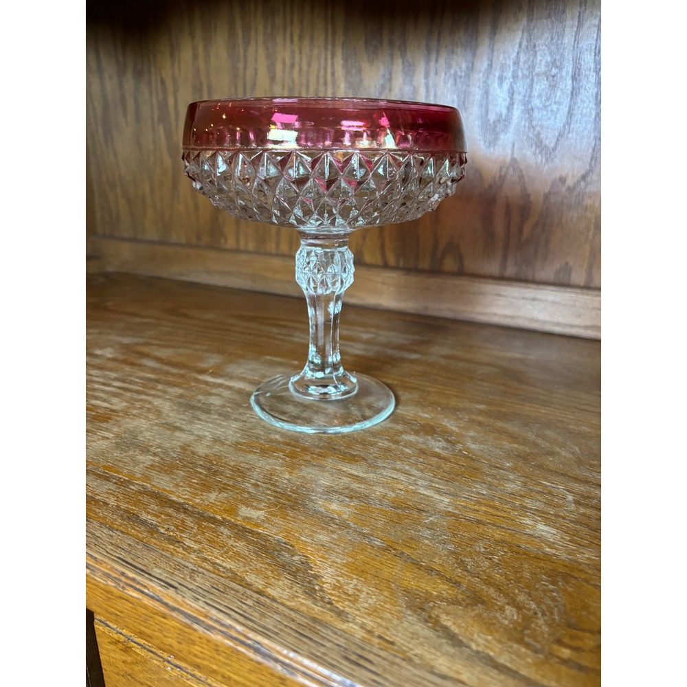 Vintage Ruby Red Flash Rim Pedestal Candy Dish Diamond Point Pressed Glass 7in